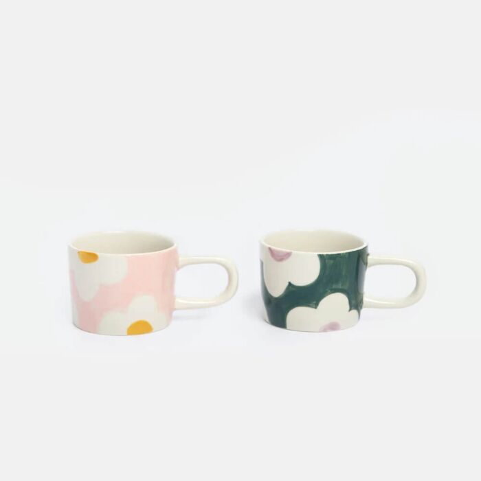 Caroline Gardner Pink/Green Flower Set of 2 Espresso Cups